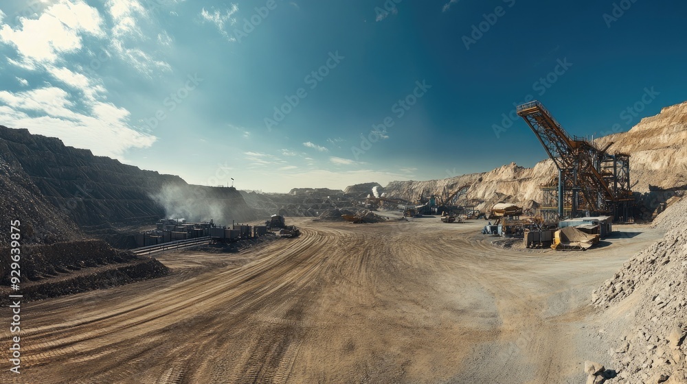 Poster wide-angle view of a mining operation site with processing units and conveyor belts.