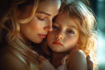 Young mother holding her sad daughter close to her