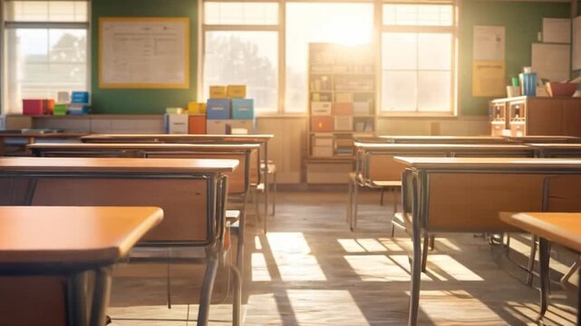 Empty lecture room within a school, illuminated by the soft glow of sunlight, capturing the essence of educational establishments and learning. Generative AI