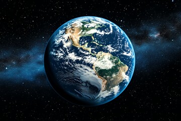 Obraz premium A view of Earth from space, showcasing its continents and oceans against a starry backdrop.