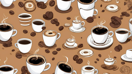 Seamless pattern of coffee cups, coffee beans, and pastries on light brown background, cozy cafe style