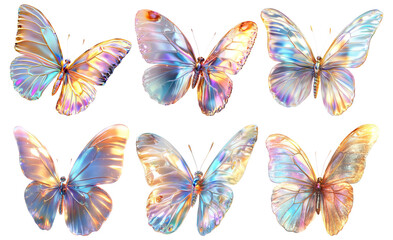 Set of iridescent butterflies isolated on transparent background colorful butterfly ornaments with shimmering wings