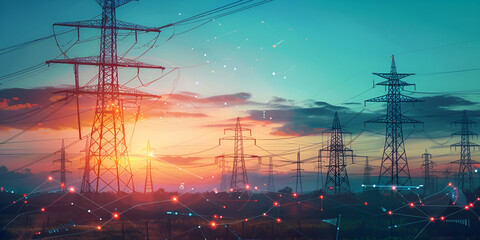 power lines with tower and sunset, power tower, sunset landscape, electrical tower, power transmission
