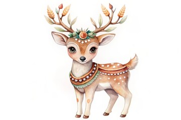 Obraz premium Watercolor Illustration of a Cute Deer with Floral Antlers. Boho Christmas Clipart.