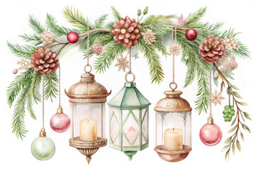 Watercolor Christmas Garland with Lanterns and Ornaments.
