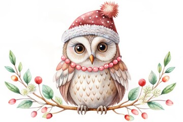 Obraz premium Cute Watercolor Owl in a Santa Hat on a Branch.