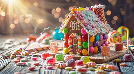 Fototapeta premium A candy house with sweets on a wooden table