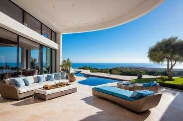 Fototapeta premium Luxurious patio with wicker furniture and pool overlooking ocean on sunny day