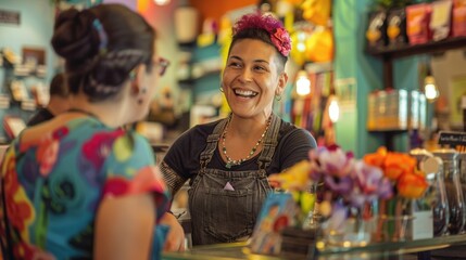 Obraz premium LGBTQ worker helping a customer at a small business, friendly and personalized service, inclusive shopping experience, well-decorated store, positive and welcoming