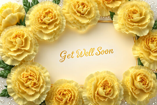 Get well soon card with a heartwarming bouquet of yellow carnation, expressing wishes for a speedy recovery.
