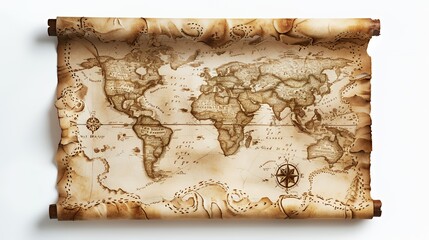 A vintage world map on parchment, depicting continents and navigational symbols.