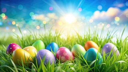 Colorful easter eggs scattered in fresh green grass Happy easter background, easter, colorful, eggs, grass, holiday
