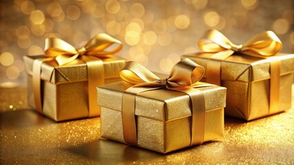 Golden gift boxes in gold wrapping paper with ribbon , luxury, present, holiday, celebration, surprise, elegant