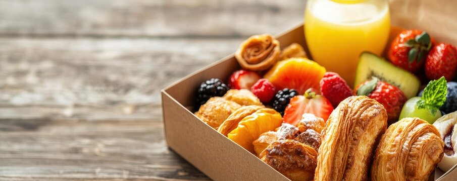 Prepackaged breakfast box with a selection of pastries, fruit, and juice, ideal for busy mornings.
