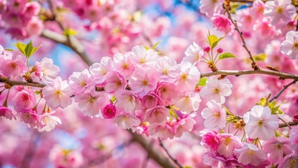 Fototapeta premium Sakura tree in full bloom with pink petals on a background , Cherry blossom, Japanese, Spring, Blooming, Flowers, Nature