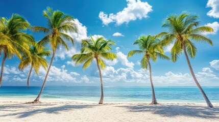 Fototapeta premium A serene beach scene with palm trees and clear blue water under a bright sky.