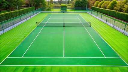 Obraz premium Green tennis court with freshly painted lines , sports, competition, playing surface, recreational, outdoor, grass
