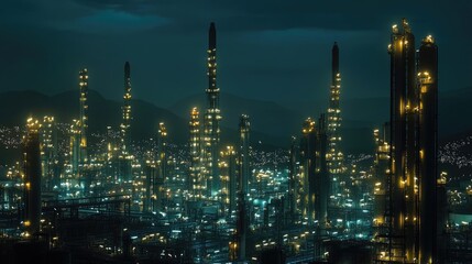 Fototapeta premium Illuminated oil refinery with tall towers and glowing lights under a dark night sky.