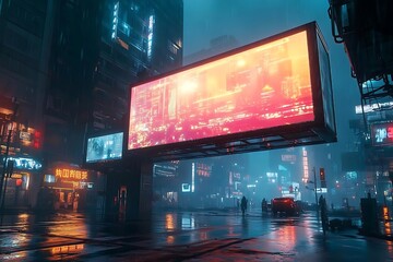 Cyberpunk City Street at Night with Large Digital Billboard Illustration