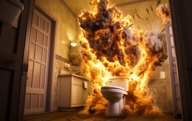 Exploding toilet bowl with fire and smoke. plumbing Concept, Generative AI