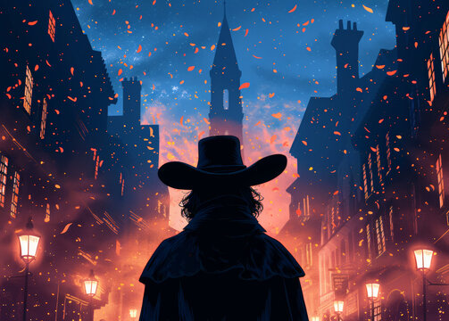 guy fawkes night , holiday fire background, cartoon illustration.