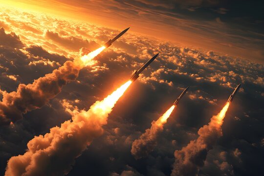 Multiple intercontinental ballistic missiles spewing smoke over clouds at sunset