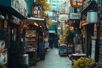 Naklejka premium A narrow and complex city alley with few people and many restaurant signs, an emotional landscape that exudes a Korean yet oriental feel.