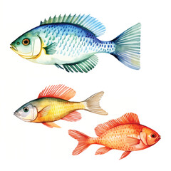 watercolor painting of sea fish four collection isolated