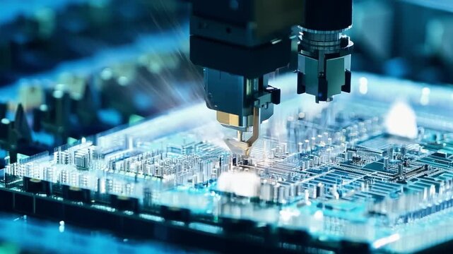 An automated assembly line in semiconductor industry features high precision robot arms at an electronics factory. Components are installed on circuit boards with meticulous accuracy. Generative AI