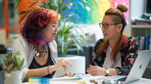 LGBTQ professional collaborating with a colleague on a project, modern office, diverse team, inclusive and productive work environment, focused and engaging discussion