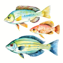 watercolor painting of sea fish four collection isolated