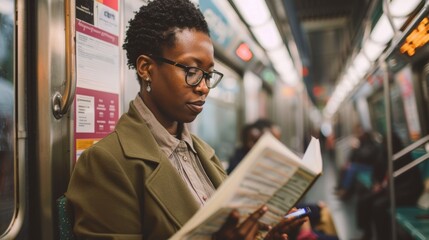 LGBTQ individual commuting by train, reading documents, diverse passengers around, inclusive urban commute, professional attire, morning routine, focused and prepared