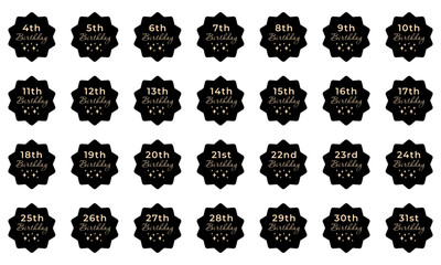 Elegant Black and Gold Birthday Tags Collection from 4th to 31st - Vector Celebration Labels with Isolated Transparent Background - Perfect for Party Decor, Invitations, and Greeting Cards