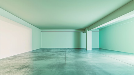 Fototapeta premium Minimalist garage, empty and clean, soft pastel walls, smooth concrete floor