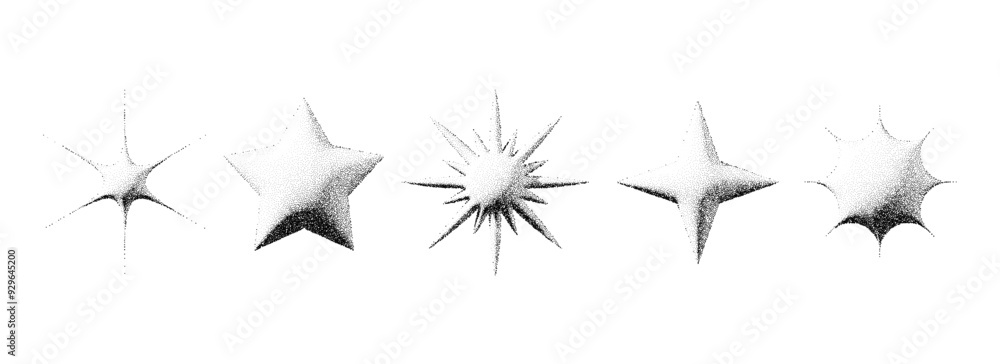 Aufkleber black stippled stars collection. 3d dotted textured flares and sparkles set. halftone grain noise st