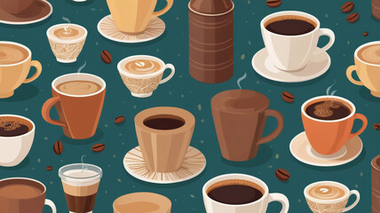 Seamless pattern with coffee cups, mugs, and coffee beans on teal background, cozy and modern cafe design