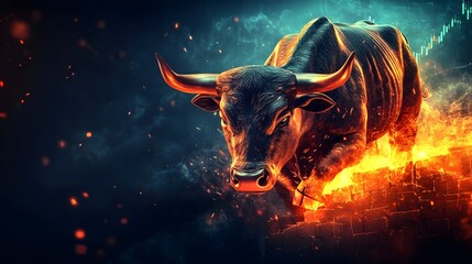 Bull Market, Fire & Stock Chart - Financial Growth Concept