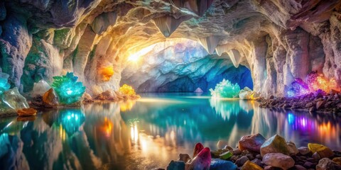 Cave filled with precious stones, crystal druses, and water, illuminated by rays of light. Lake inside a cave