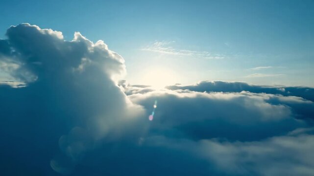 Soaring through thick clouds at high altitude, the POV immersive pilot perspective captures the experience of flying over and through a white cloud on a splendid and bright sunny day.  Generative AI.