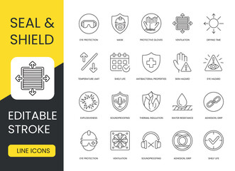 Expanding mounting foam vector line icon set with editable stroke, mounting foam and properties, drying time and ventilation, protective gloves and mask, eye protection and hazard, antibacterial