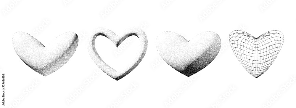 Poster dotted 3d y2k heart shape collection. black stippled gradient heart set. dot work grain grunge desig