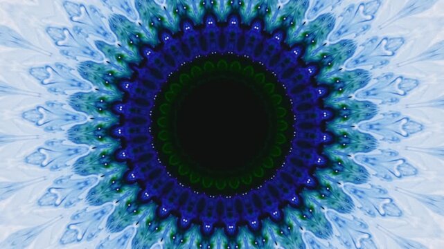 Futuristic mandala. Blue green glowing round ethnic ornament animation symmetrical geometric kaleidoscope abstract art background.