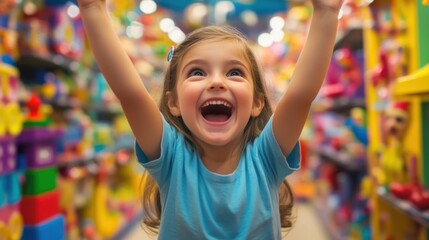 A joyful child celebrating in a vibrant toy store, showcasing happiness and excitement amidst colorful toys.