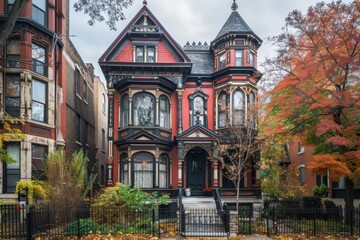 Fototapeta premium Victorian House with Ornate Details and Autumn Foliage.