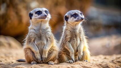 Two curious meerkats sitting on the sandy ground, observing their surroundings in a zoo wildlife scene