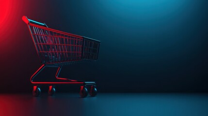 A modern shopping cart illuminated with red and blue light against a dark background, symbolizing shopping and retail.