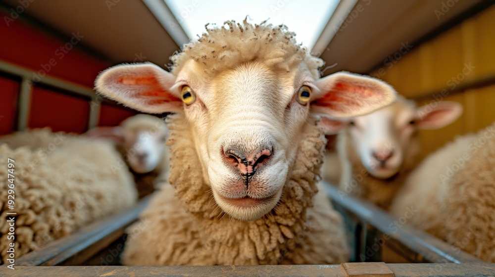 Poster a sheep is looking at the camera with its eyes wide open