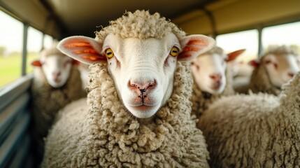 Obraz premium A group of sheep are in a truck, with one sheep looking directly at the camera