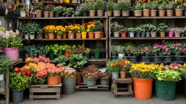A vibrant collection of colorful flowers displayed in pots and containers at a market stand, perfect for gardening enthusiasts.
