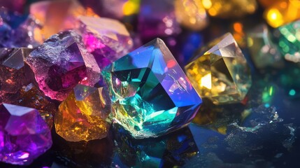 A close-up of vibrant prismatic stones with detailed facets, casting intricate reflections and patterns on a dark surface.